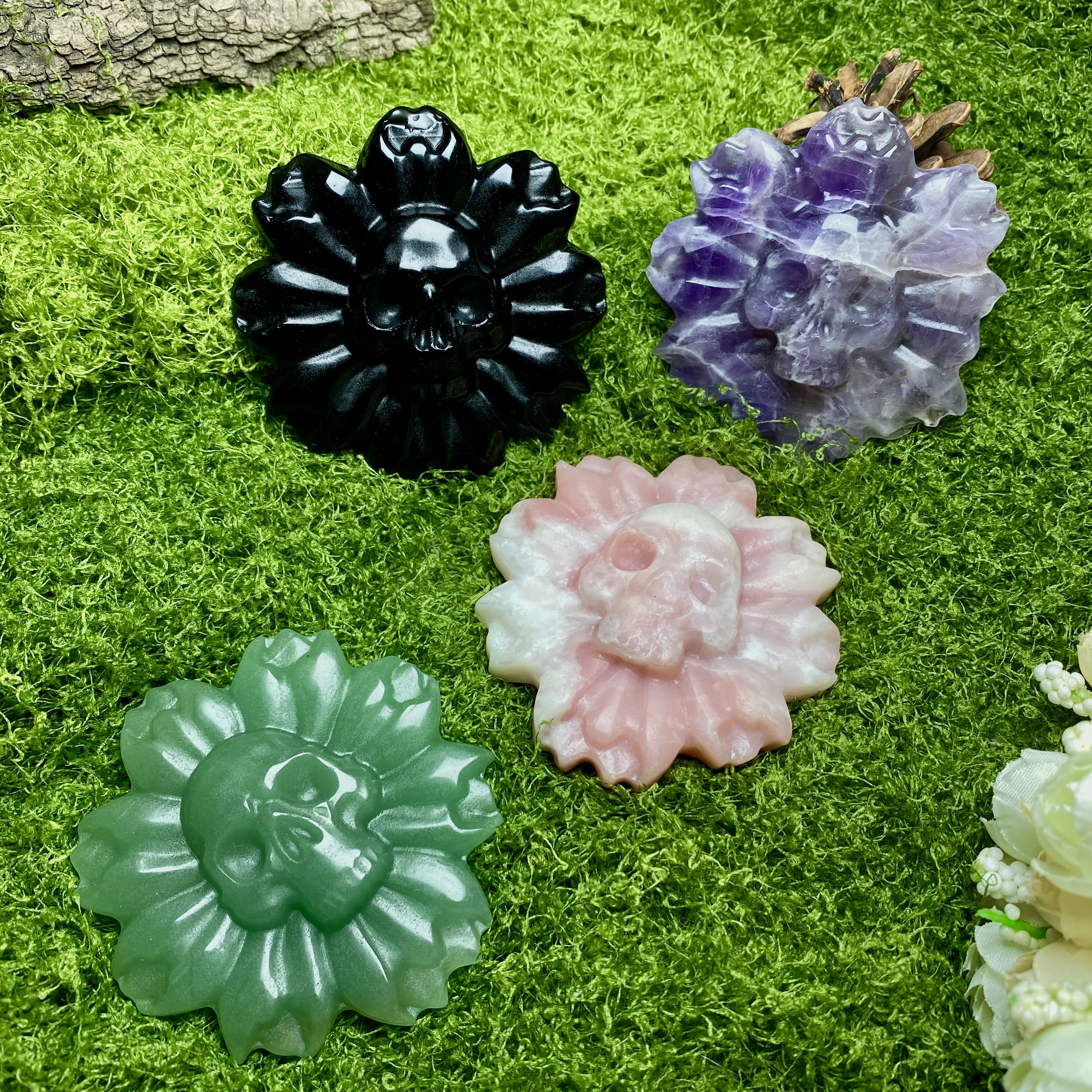 Crystal Carving Flower with Skulls in Center Natural Healing Stone Gothic Decor Figurine Reiki Craft Ornament