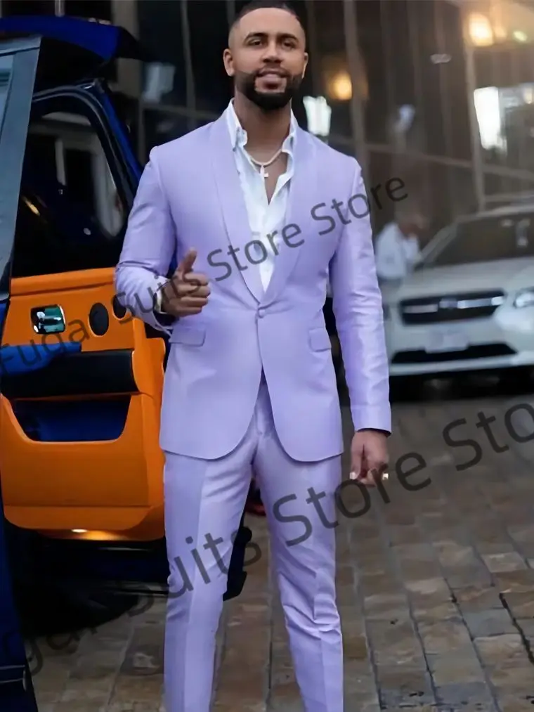 

Fashion Lavender Men Suits Slim Fit Shawl Lapel One Button Prom Groom Tuxedos 2 Pieces Sets Business Male Blazer Ternos Masuino