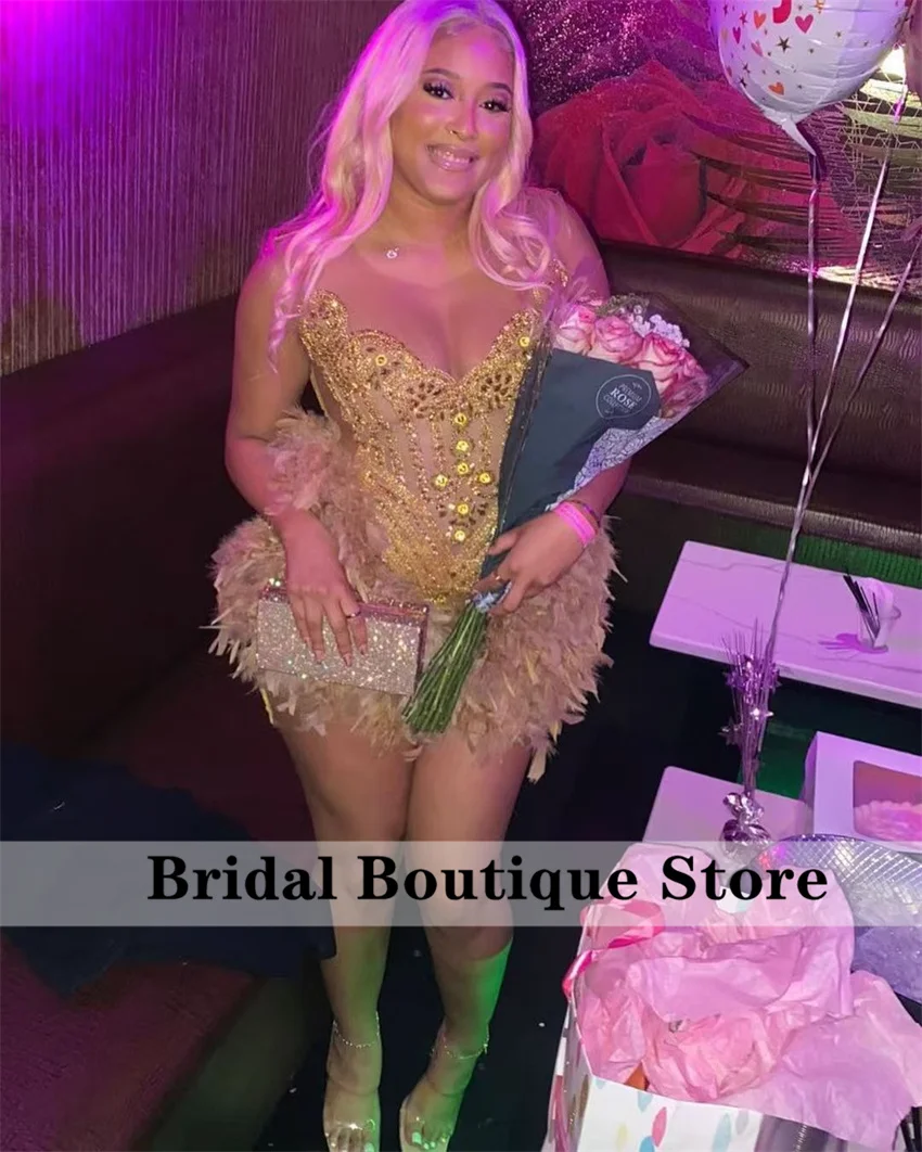 Luxury Gold Diamond Short Prom Dress Luxury Sheer Neck Bead Crystal Feather Birthday Party Cocktail Homecoming Gowns Customized image 2