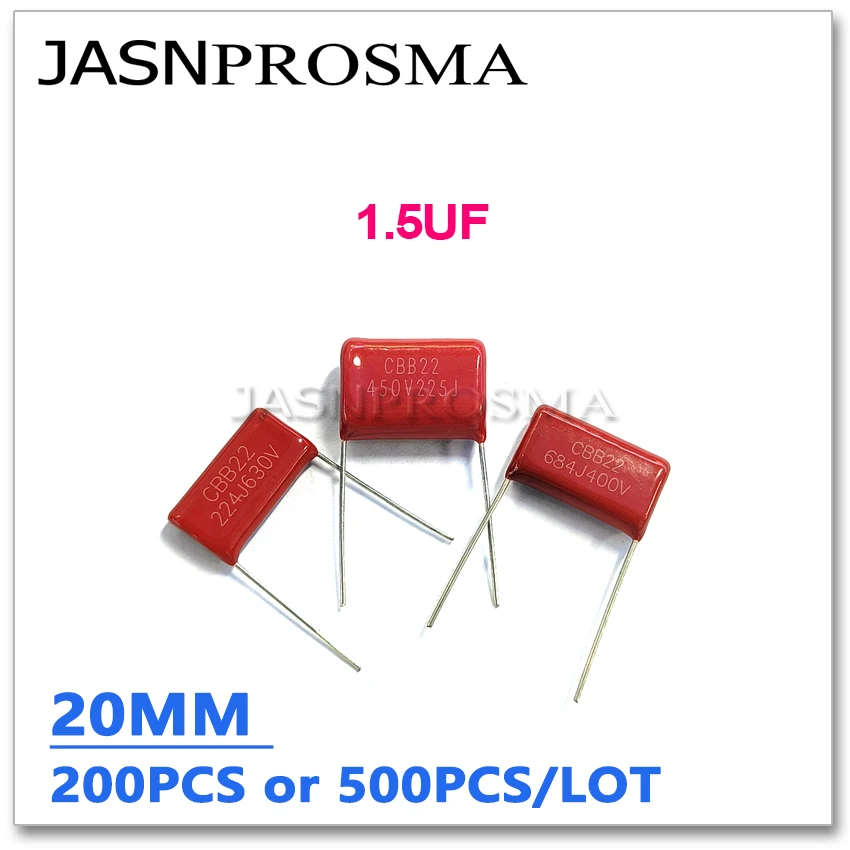 

JASNPROSMA CBB capacitor pitch 20MM 250V 400V 630V 200PCS 500PCS 1.5UF 155J 5% Metallized Film Capacitance