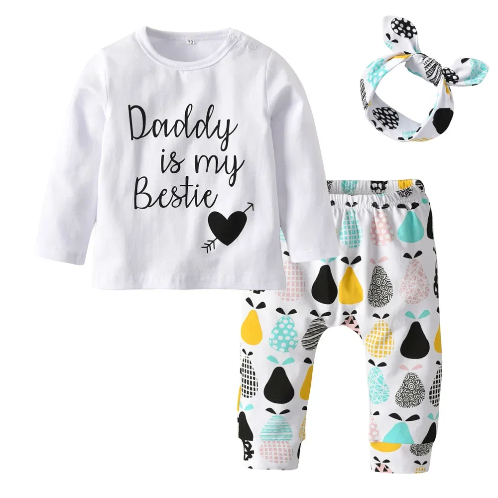 

0-2Years Toddler Baby Girl Clothes Set Thin Cotton Letter Print Long Sleeve Round Neck Top + Pants + Bow Headband Newborn Outfit
