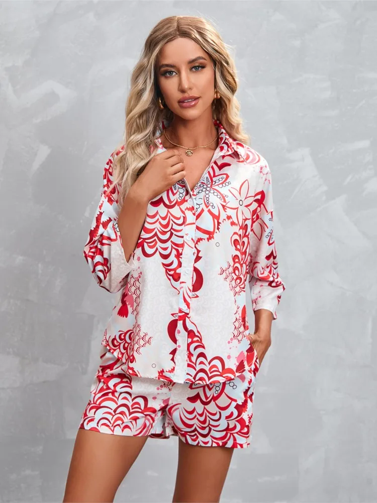 

Women's Short Sets Two Piece Set Lapel Collar Three-quarter Sleeve Print Button Shirt + Shorts Outfit Female Elegant Casual Suit