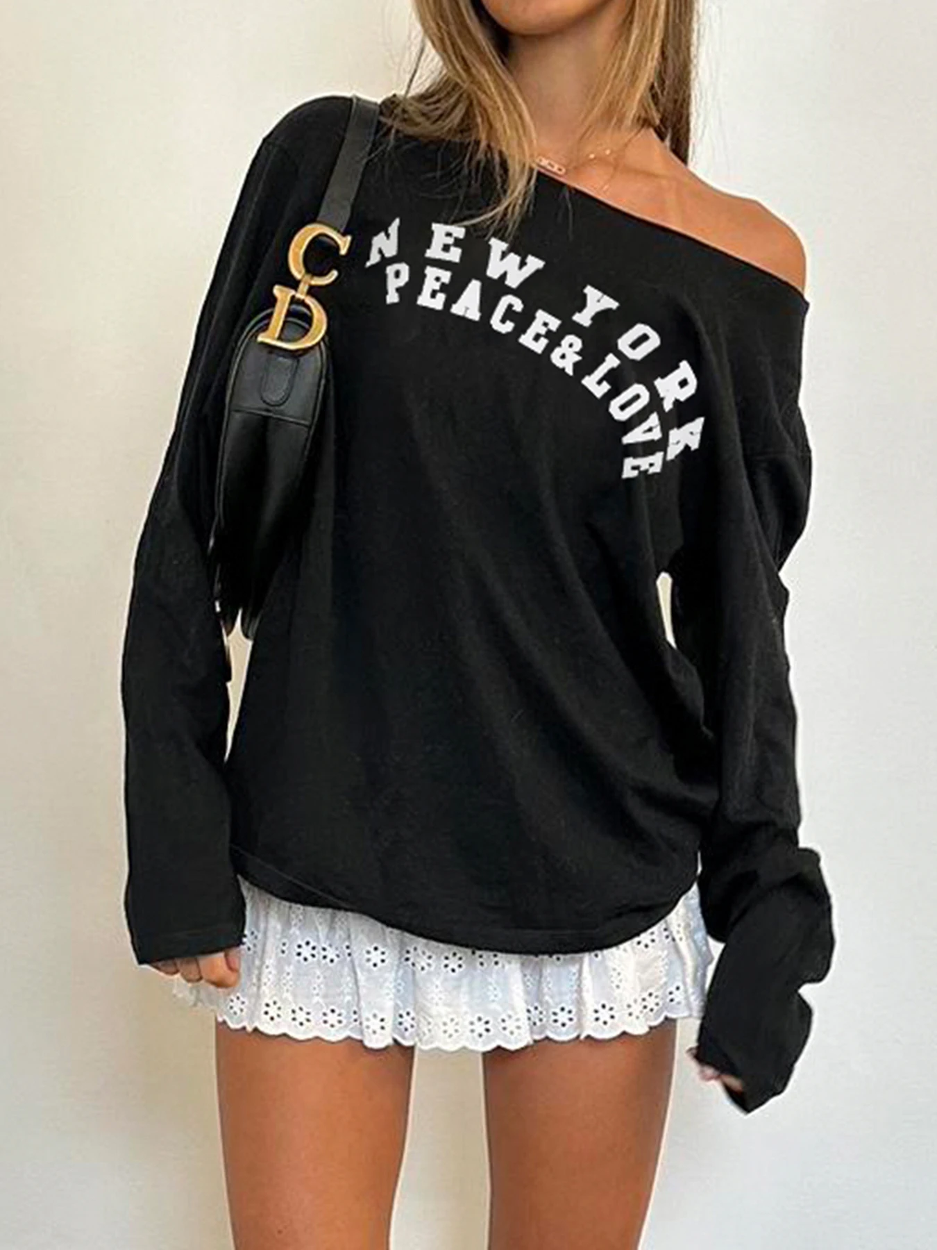 Rockmore Vintage Black Off Shoulder Letter Print Tops Chic Casual Full Sleeve Tees All-match Women Y2k Clothes Streetwear Autumn
