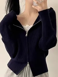 2025 Korean Version Striped Chic Sweater Hooded Cardigan Zipper Spring Summer Woman Loose Turn-down Collar Blouse Simple