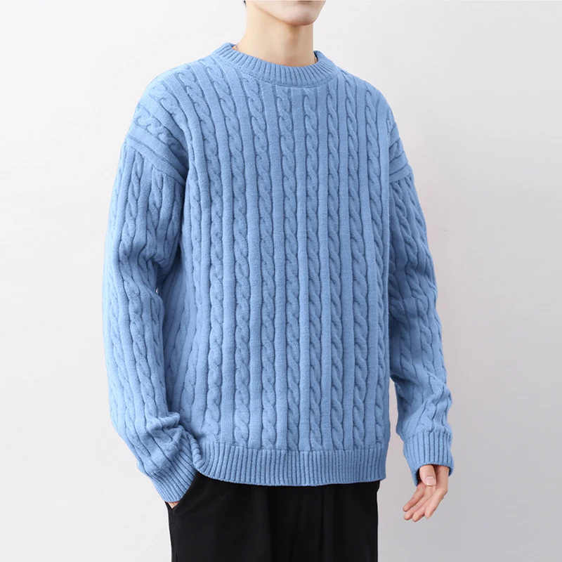 Cable Knit Sweater Men Chunky String Pullover Sweaters Men Autumn Winter Crewneck Pullover Sweaters Casual Warm Jumper