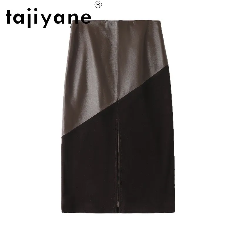 TAJIYANE Genuine Leather Skirt Sheepskin Spliced Suede Sheepskin Women's Skirts Bodycon Midi Skirt Front Slit Skirts of Woman