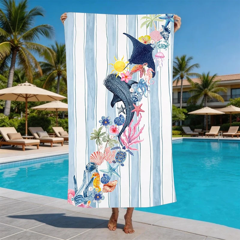Coastal Nautical Whale Shark Microfiber Beach Towel Oversized Extra Large Sand Free Pool Towels Quick Dry Super Absorbent Swim
