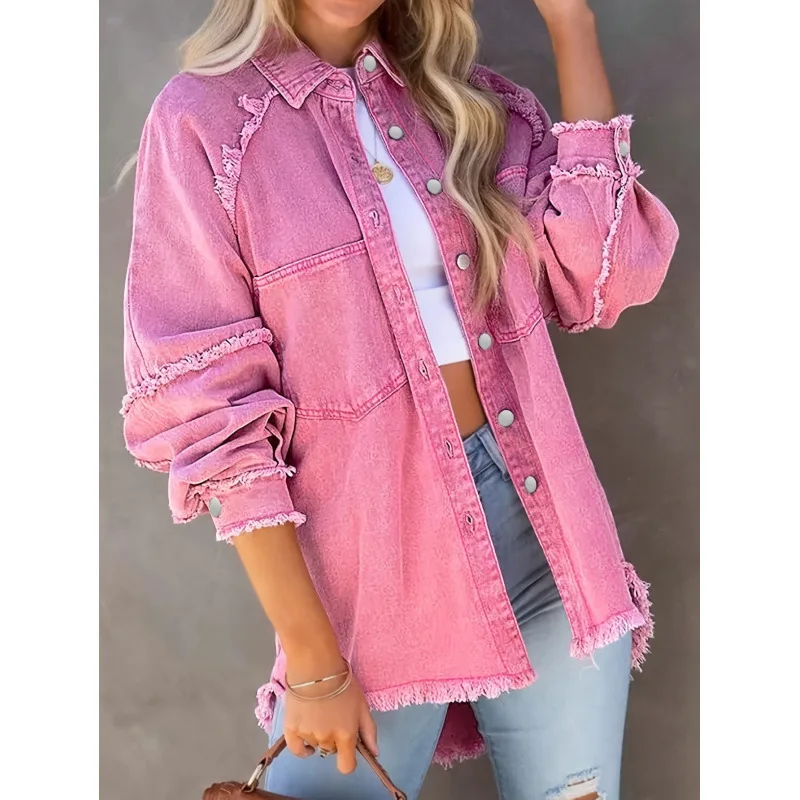 

2026 New Cross Border Women's Pink Casual Denim Jacket Western Style Jean Coat