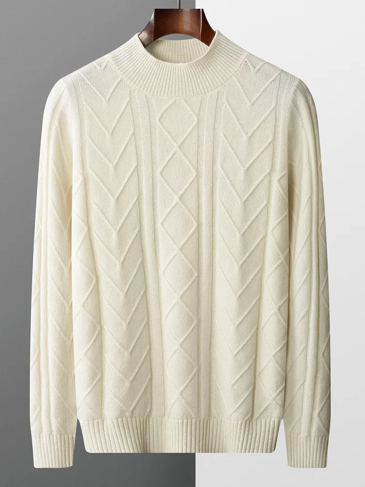 

TLOML Men's 100% Merino Wool Knitwear Mock Neck Cable Knitting Pullover Autumn Winter Cashmere Sweater Smart Casual Thicken Tops