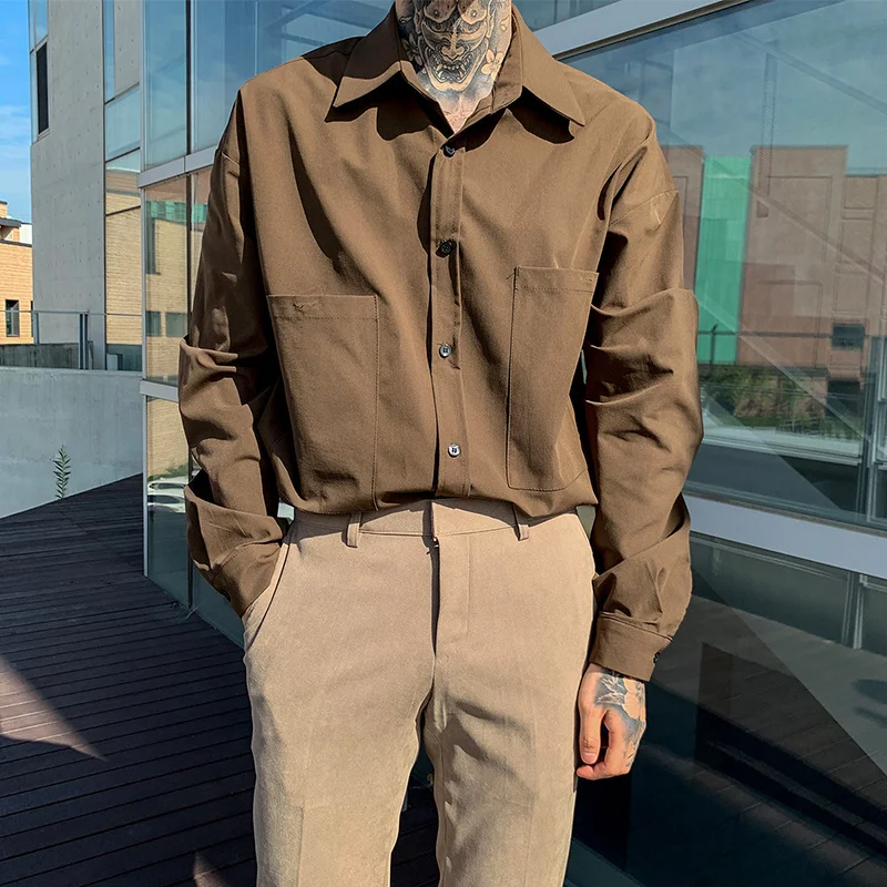 

Autumn Korean Fashion Brown Shirt Men Long Sleeve Lapel High-end Mature England Style Casual Loose Pocket Inner Shirts for Men