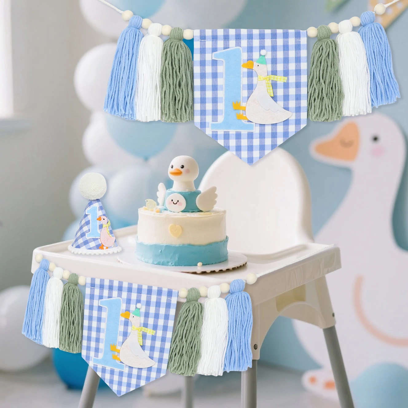 Hochstuhl-Banner zum 1. Geburtstag, blaue große Gans-Thema, dekorative Girlande für Geburtstagsfeiern, Foto-Requisiten, Partyzubehör für Jungen – Detail 2