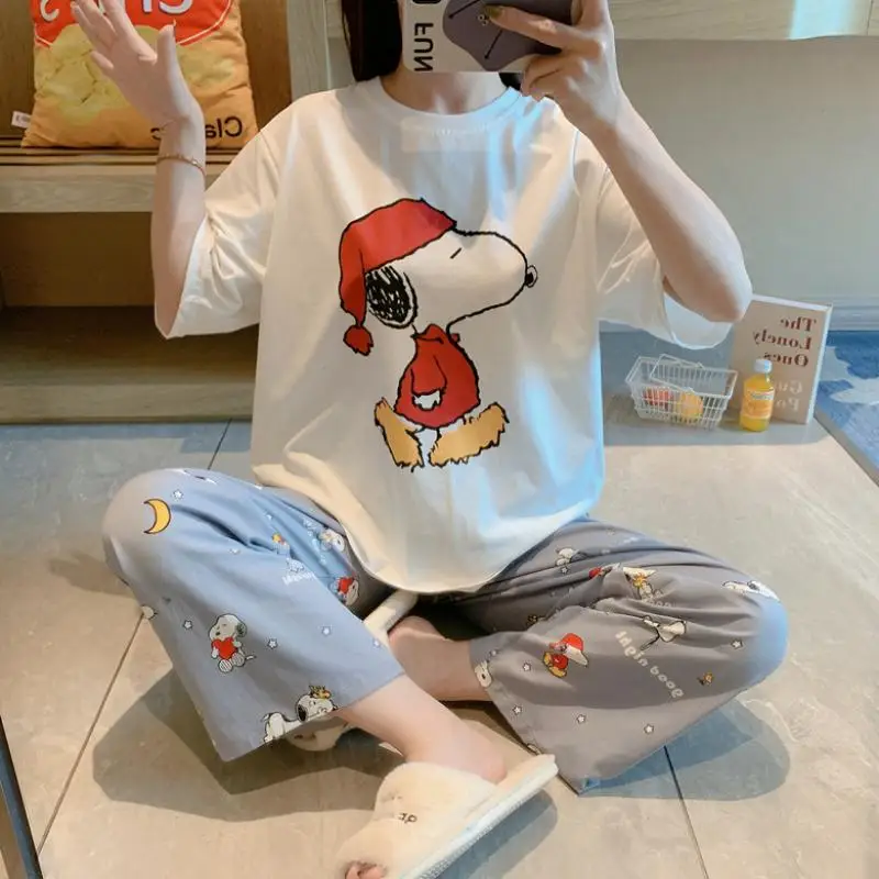 Cartoon Snoopy Sleepwear Trouser Suit Pajama Soft Home Wear Short Sleeve Loungewear Set Loose Round Neck Couple Cute Girls Gift