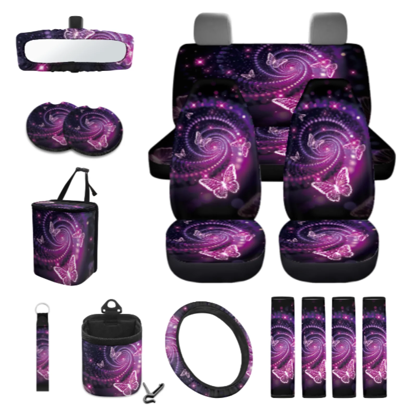 Coloranimal Purple Butterfly 15 Pccs with Protective Steering Wheel Cover and Car Garbage Bag for Universal
