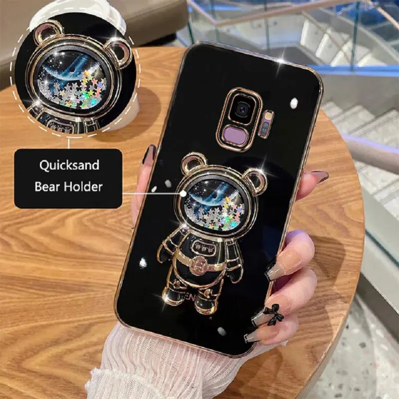 Phone Case For Samsung Galaxy S9 Soft Silicone Luxury Plating Cartoon Bear Fold Stand Phone Case Cover