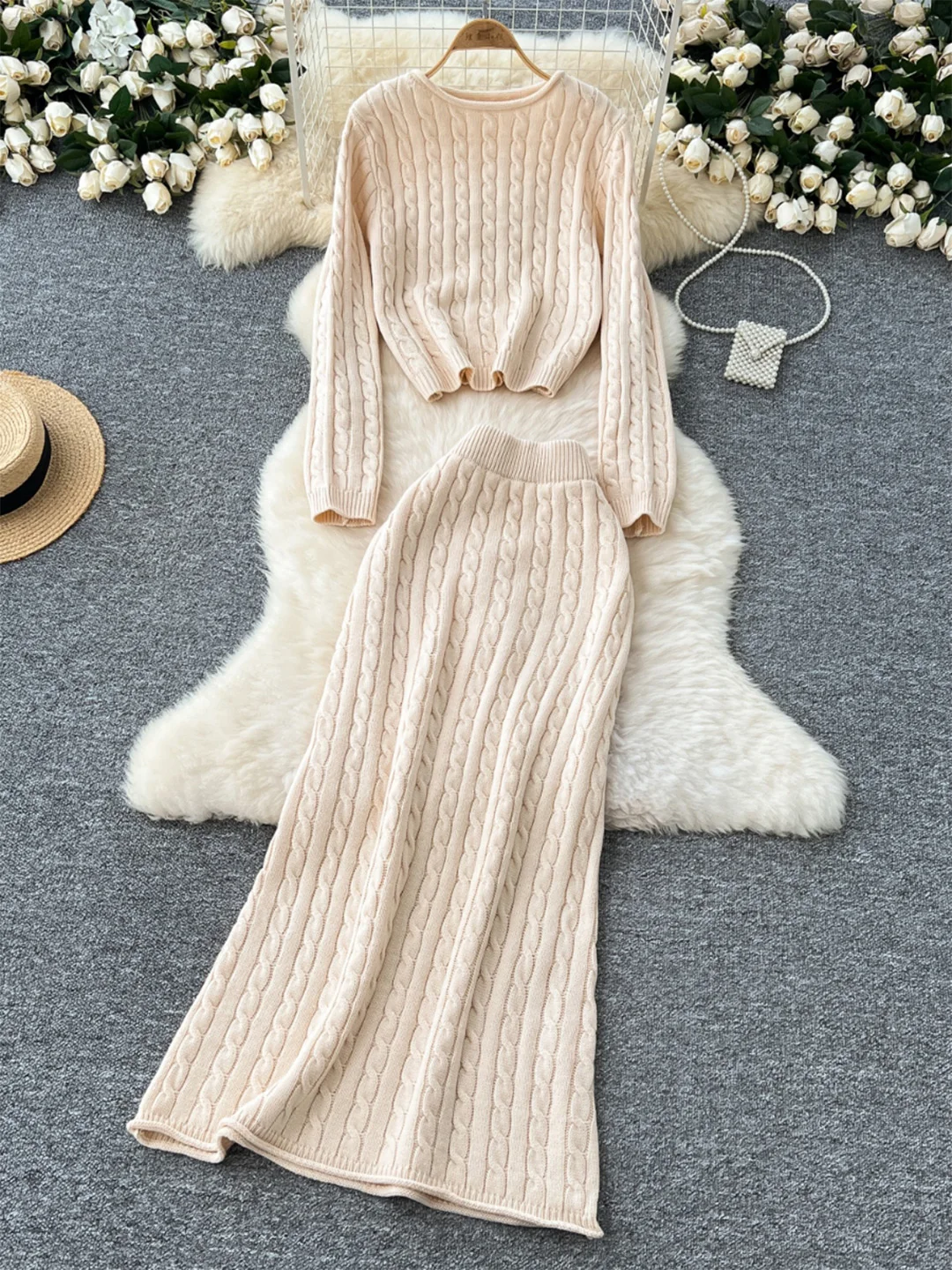 Croysier Casual Cable Knit Two Piece Set Women Outfit Cropped Sweater Pullover And High Waist Long Skirt New In Matching Sets