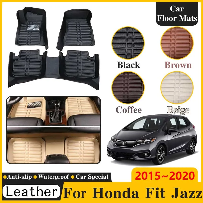 Car Leather Floor Mat For Honda Fit Jazz 2015~2020 GK GH GP LHD Waterproof Fireproof Interior Spare Replacement Part Accessories