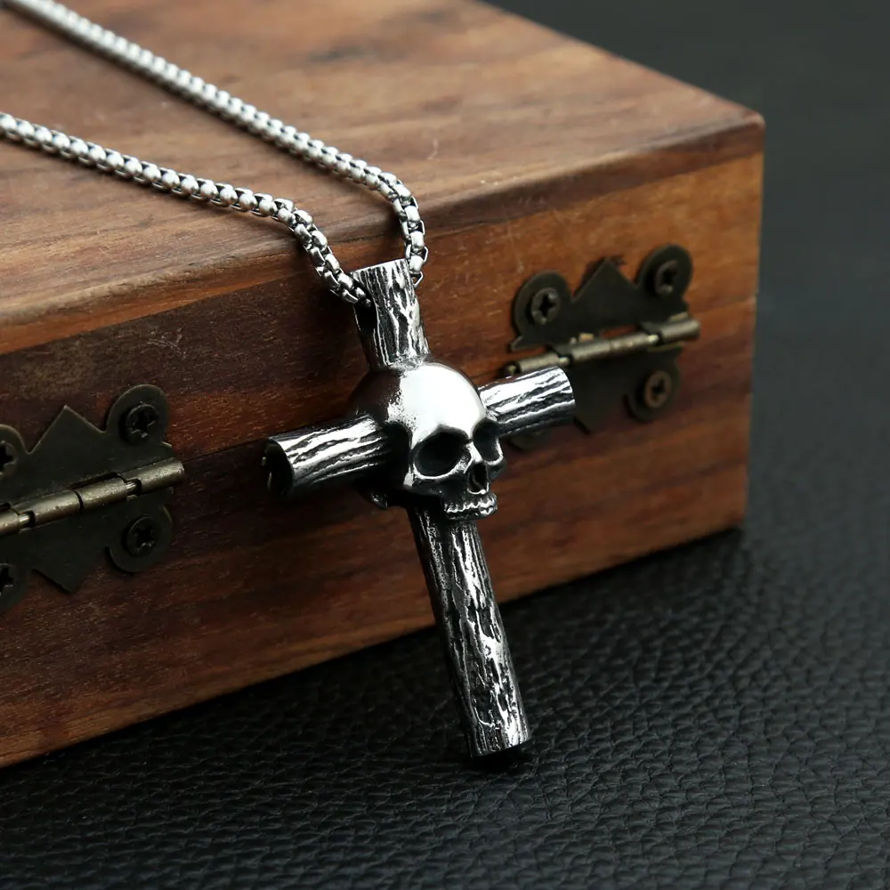 Gothic Retro Kreuz Schädel Anhänger Männer Frauen Mode Edelstahl Kreuz Halskette Punk Motorrad