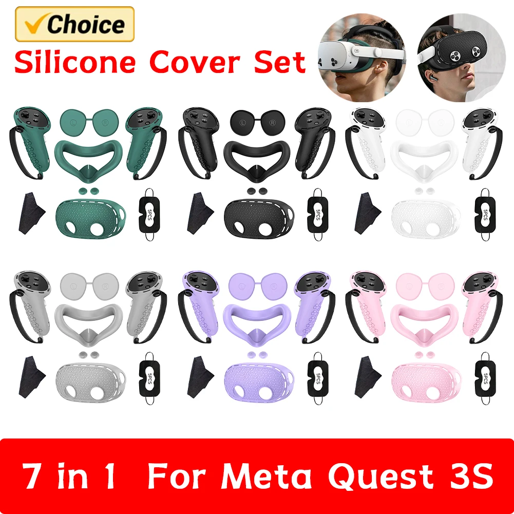 7in1 VR Protective Cover Kits for Meta Quest 3S Silicone Controller Grips VR Shell Cover Face Mask Lens Cap for Meta Quest 3S