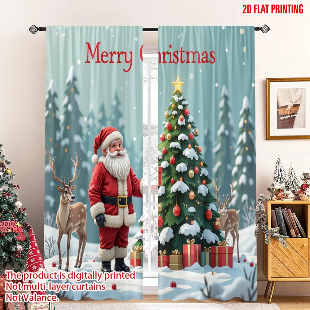 

2pcs 2D flat printing Merry Christmas Window Drapes Santa Deer Christmas Gifts 100% Polyester Without Electricity Party