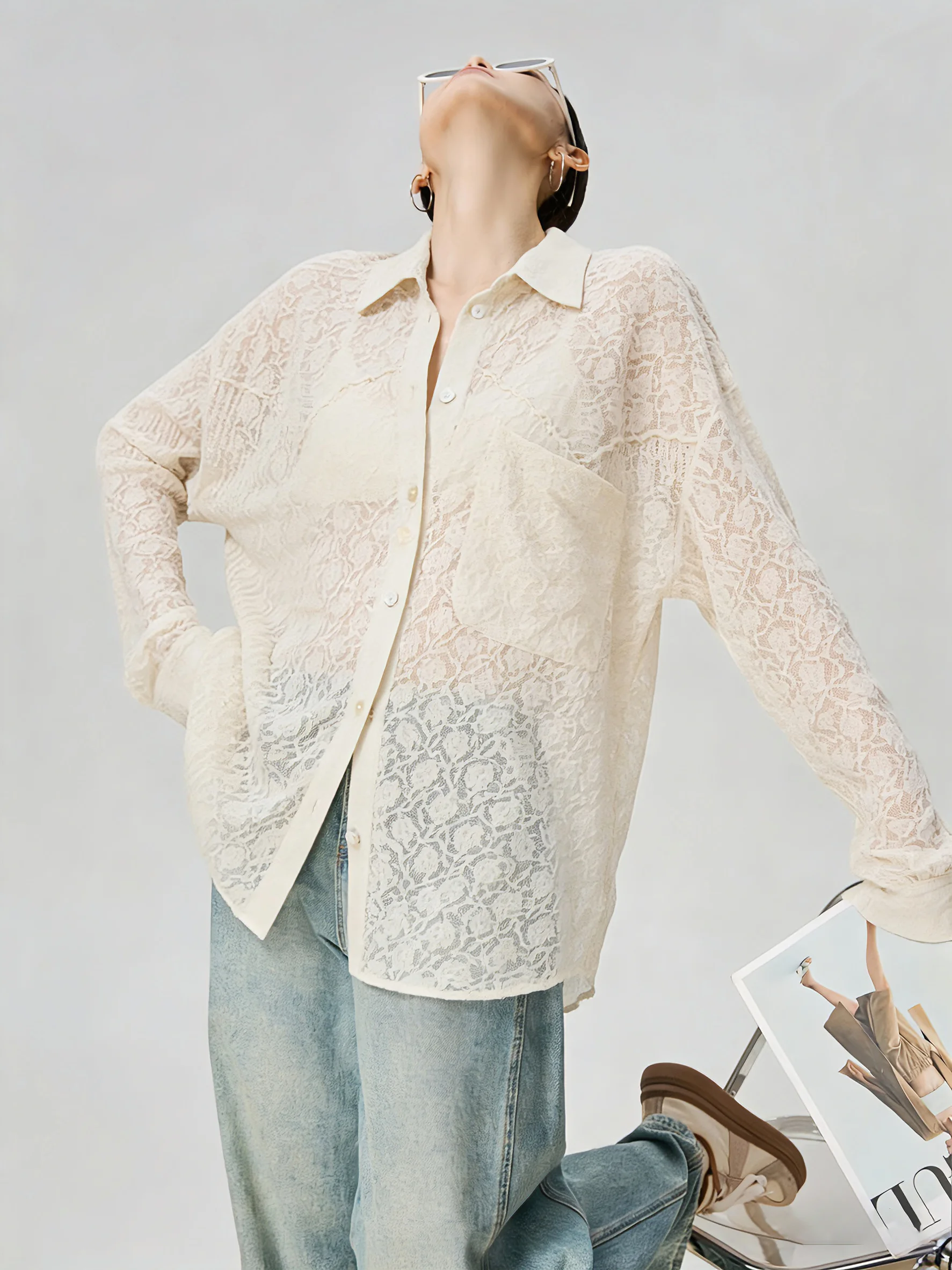 

Elegant Long Sleeve Embroidered Shirt Women's Loose Fit Linen Color Shirt Design Spring Casual Fashion Button up Top