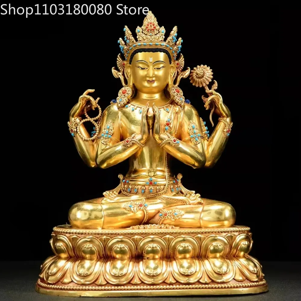 31cm Gilt Brass Four-Armed Chenrezig Avalokiteshvara Statue Guanyin Tibetan Compassion Bodhisattva Sculpture Home Altar Decor