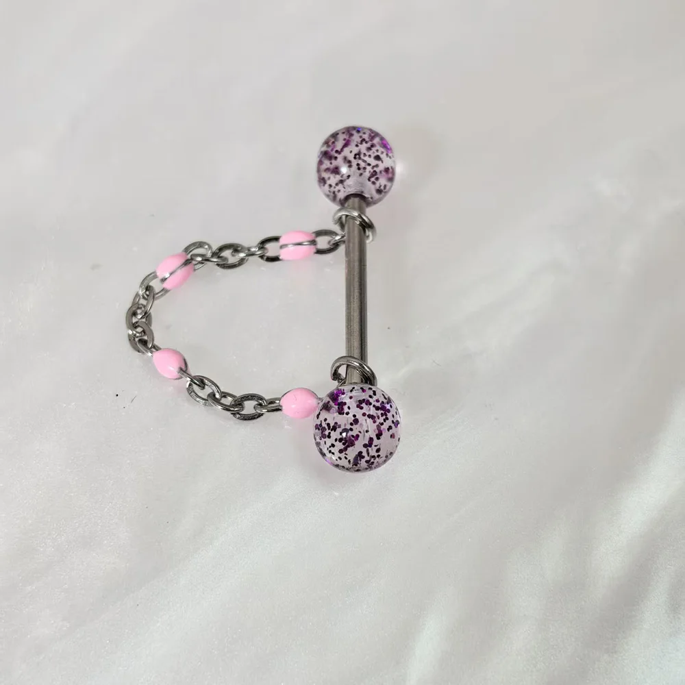 Perno de lengua de cadena, cuentas acrílicas transparentes extraíbles, hoja de polvo brillante, anillo de lengua perforado de 8 colores, accesorios dulces
