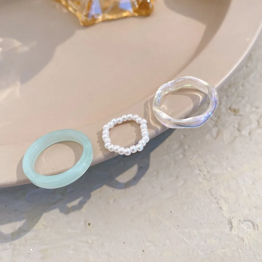 

Korean Trendy Beaded Rings Set Acrylic Vegetarian Circle Ladies Street Essentials Party Jewelry Ring Set Minimalist Accessories