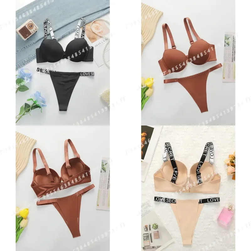 Sexy Glossy Letter Print Push Up Bra and Panty Set Women Two Piece Lingerie Underwear Strap Style B2050