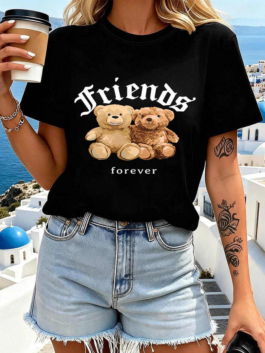 Friends Forever Short Sleeve T Shirt Women's Graphic Crew Neck Tops with Two Little Bears Print Outfit 90s T-shirt Female Gift