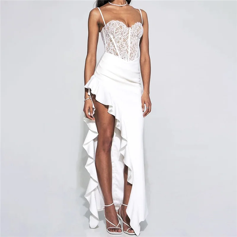

Spaghetti Strap High Split Women's Bandage Dress Lace Pleated Bandage Gown White Backless Party Skirt Spicy New Design In Stock
