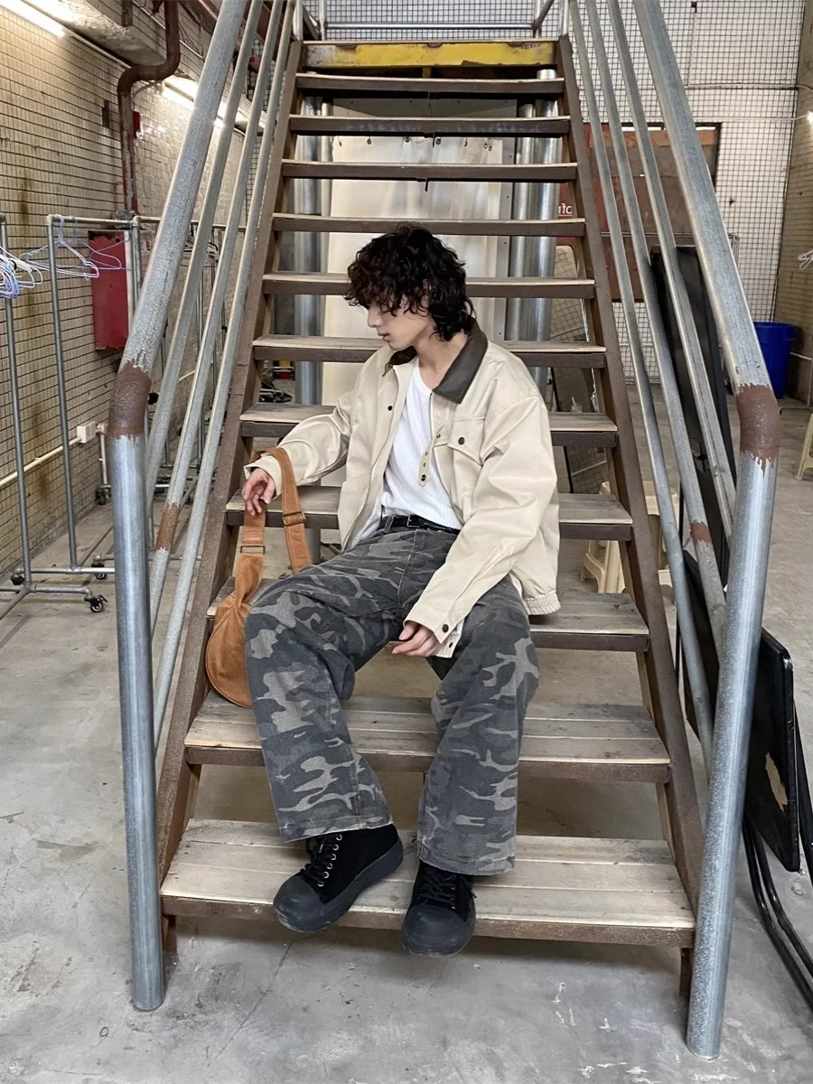 

Американские уличные винтажные камуфляжные джинсы для мужчин и женщин, модная рабочая одежда с широкими штанинами, прямые свободные брюки длиной до пола