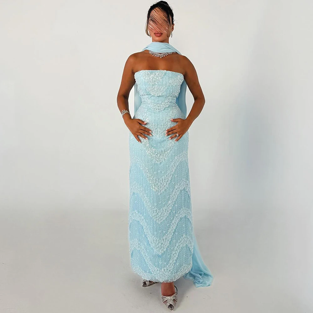 Exquisite Strapless Tulle Evening Dress Luxury Watteau Train Prom Dresses Simple Sequined and Beading Customized Celebrity Gowns