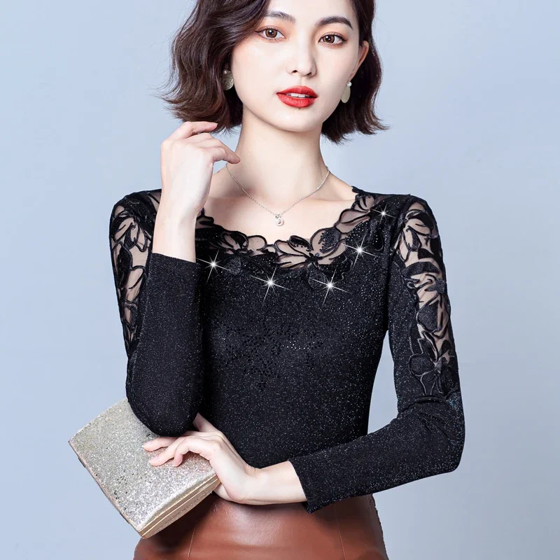 M-4XL 2024 Mesh Bottoming Shirt Autumn Winter Round Neck Lace Tops Women Patchwork Long Sleeve Casual Diamond T Shirt