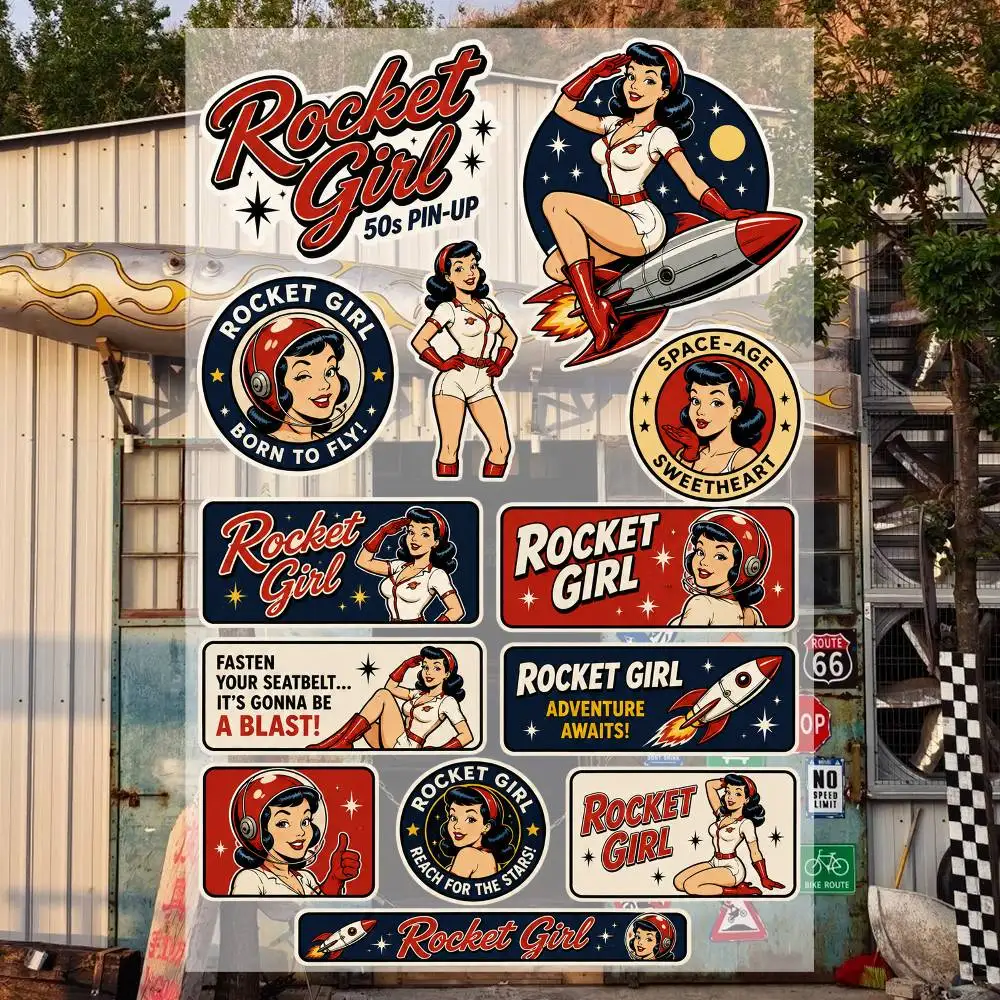 Rocket Girl 50S- Pin-up Aesthetic Graffiti Stickers Waterproof PVC Decals for Car Motorcycle Skateboard Helmet Notebook