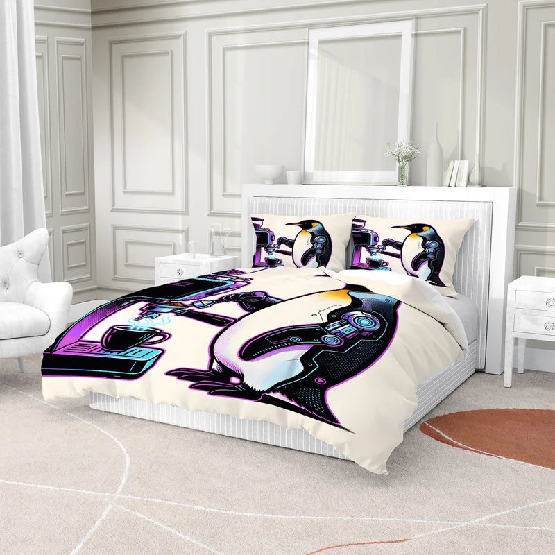 Cute Coffee Penguin Print Duvet Cover Set Comforter Cover Bedding Set No Filler Soft For Bedroom Retro Home Decor Bed Linens