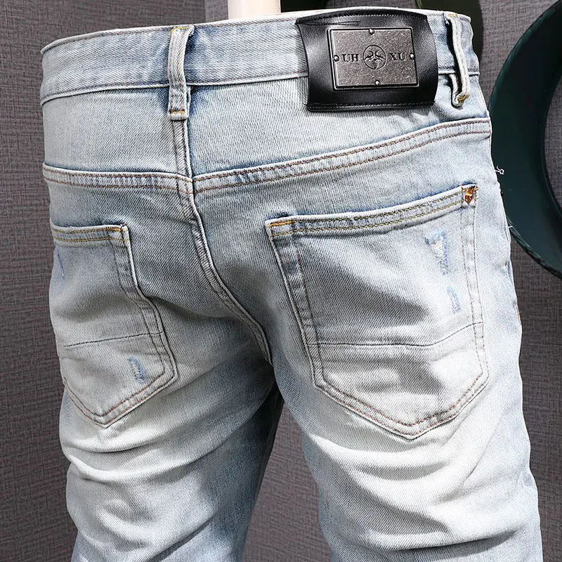 Jeans italiano retrô azul claro rasgado masculino, calça stretch slim fit, marca de hip-hop de rua alta, nova moda