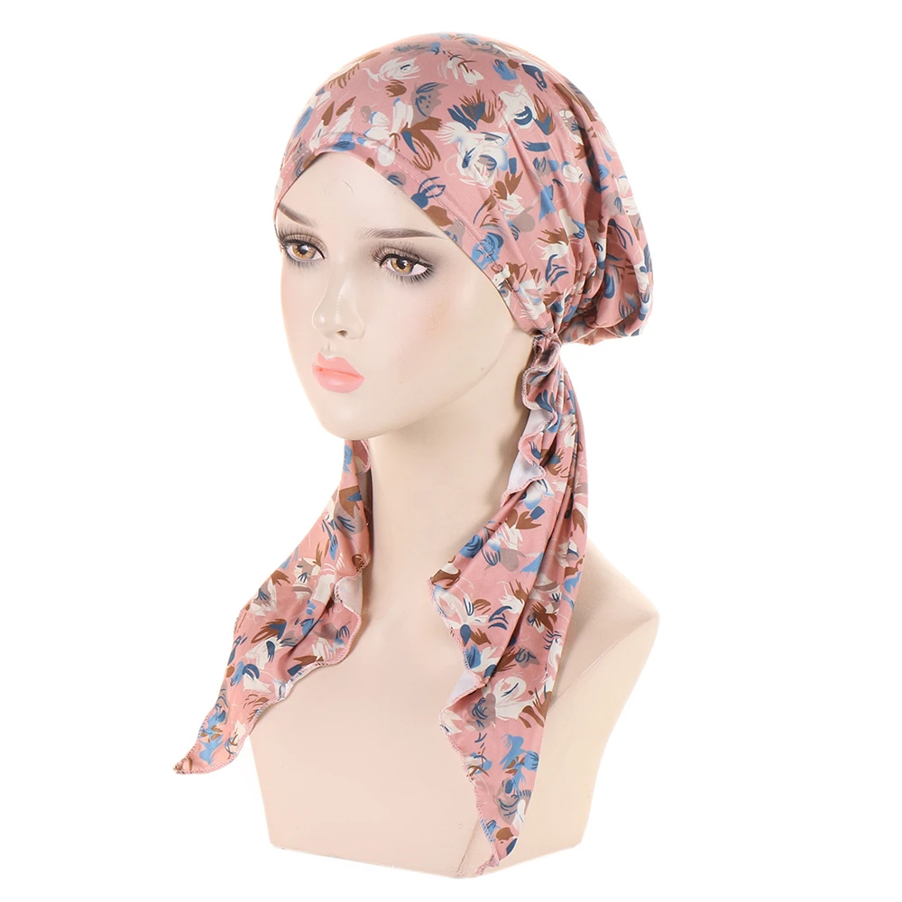 

Womens Muslim Hijab Cancer Chemo Flower Print Hat Turban Cap Cover Hair Loss Head Scarf Wrap Pre-Tied Headwear Strech Bandana