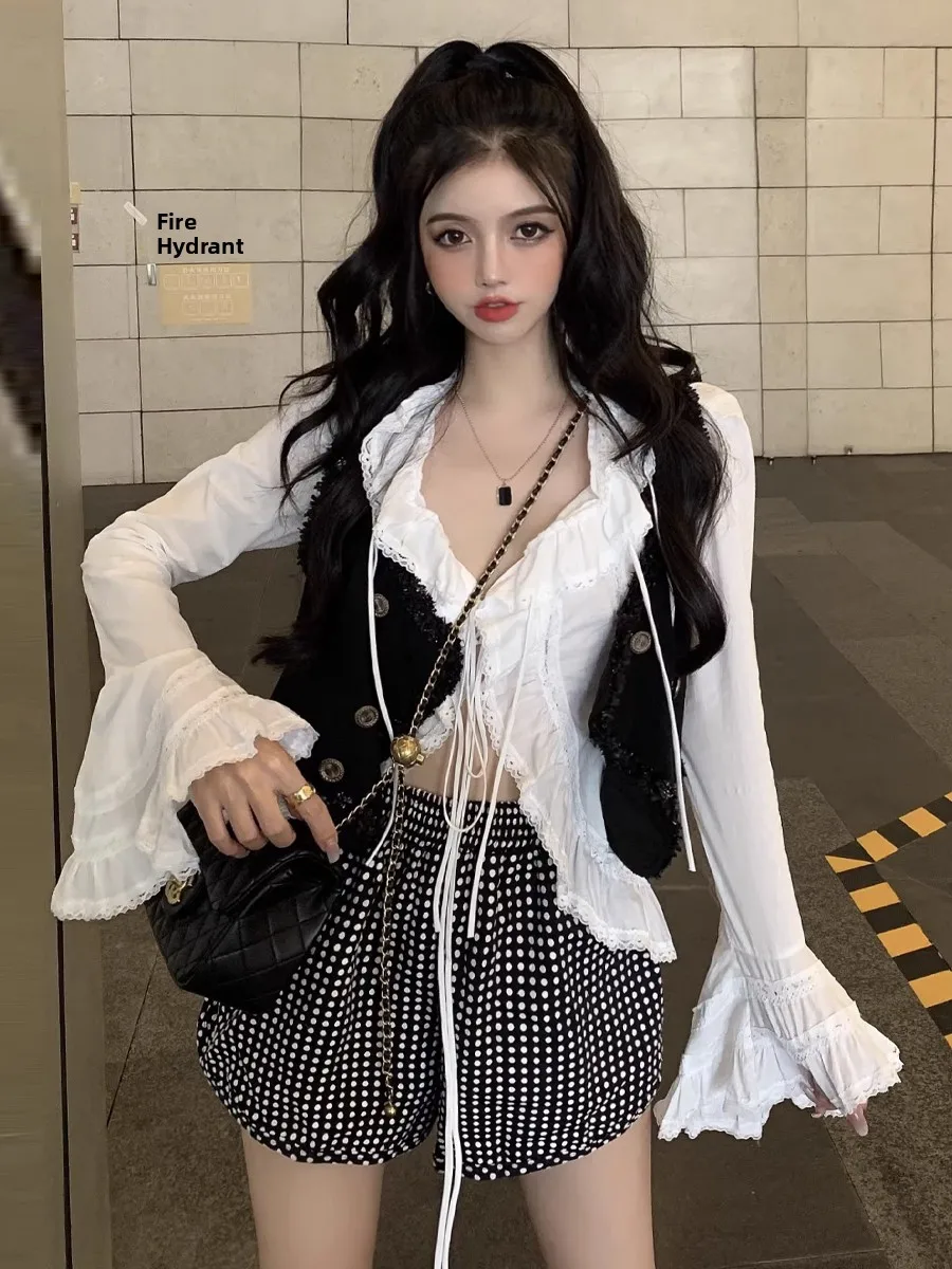 

Faionable Casual Polka Dot Svel Vest And orts Two Piece Set Vintage Sle Straight Cut V Ne All Season Wear