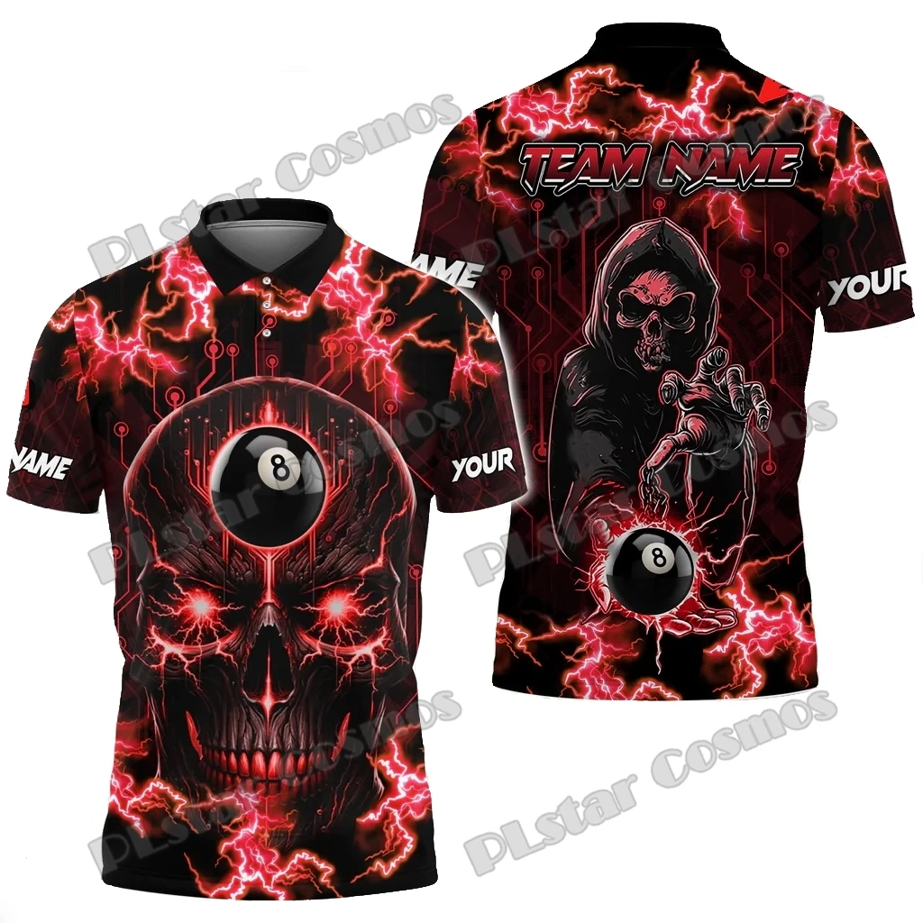 Billiards Skull Thunder Personalized Name, Team Name 3D Printed Premium Men's Polo Shirt Summer Casual Polo Shirt POL167