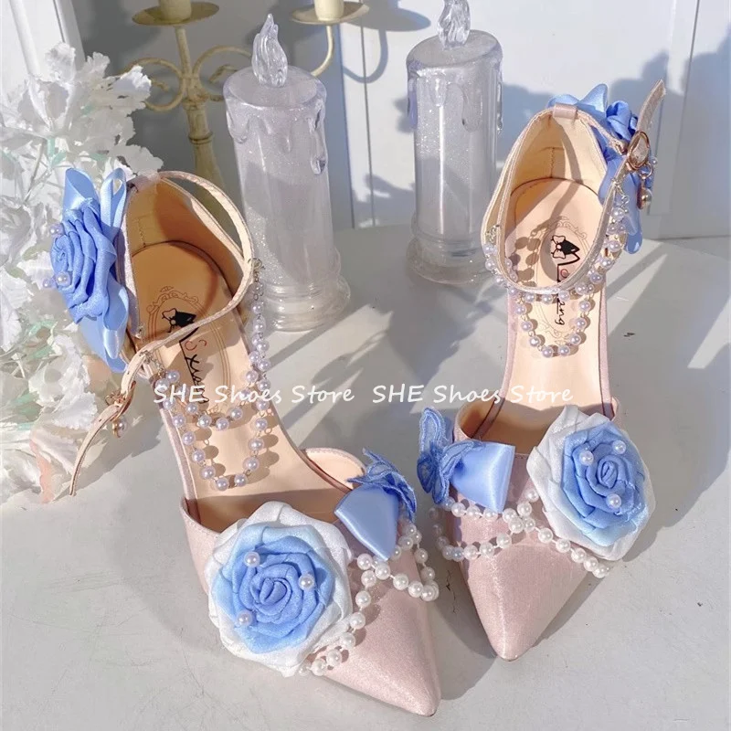 

Lolita Girl Wedding Party Dress Pumps Rose Flowers Pearl Chain Decor Mary Janes Women Pointed Toe High Heel Summer Sandals