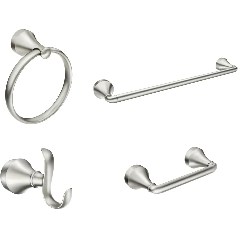 

Brushed Nickel 4-Piece Bathroom Set: Towel Ring, Robe Hook, Bar & Pivoting Toilet Paper Holder