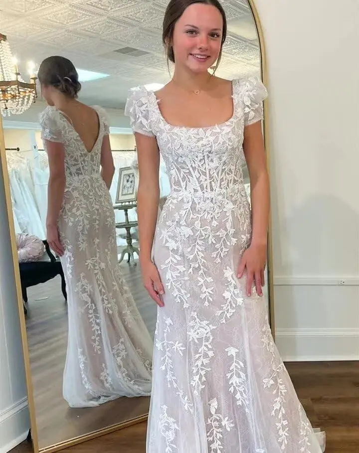 

Customized Laces Appliques Mermaid Long Prom Dresses Tulle Puff Sleeves Formal Evening Dresses Square Neck Party Corset Gowns