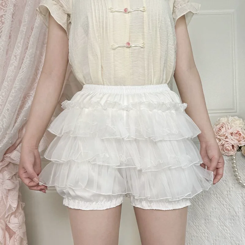 Bloomer Shorts Women Cute Puffy Tiered Lace Elastic Waist Ruffle Mini Skorts Soft-Girl Lolita Kawaii Balletcore Y2K