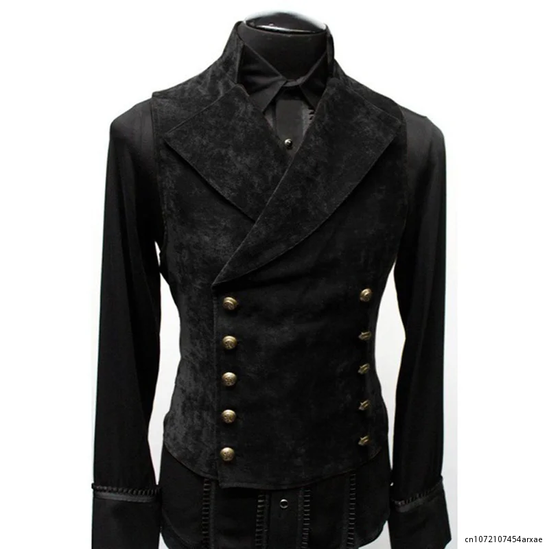 Mens Double Breasted Gothic Steampunk Velvet Vest Stand Collar Medieval Victorian Black Waistcoat Men Stage Cosplay Prom