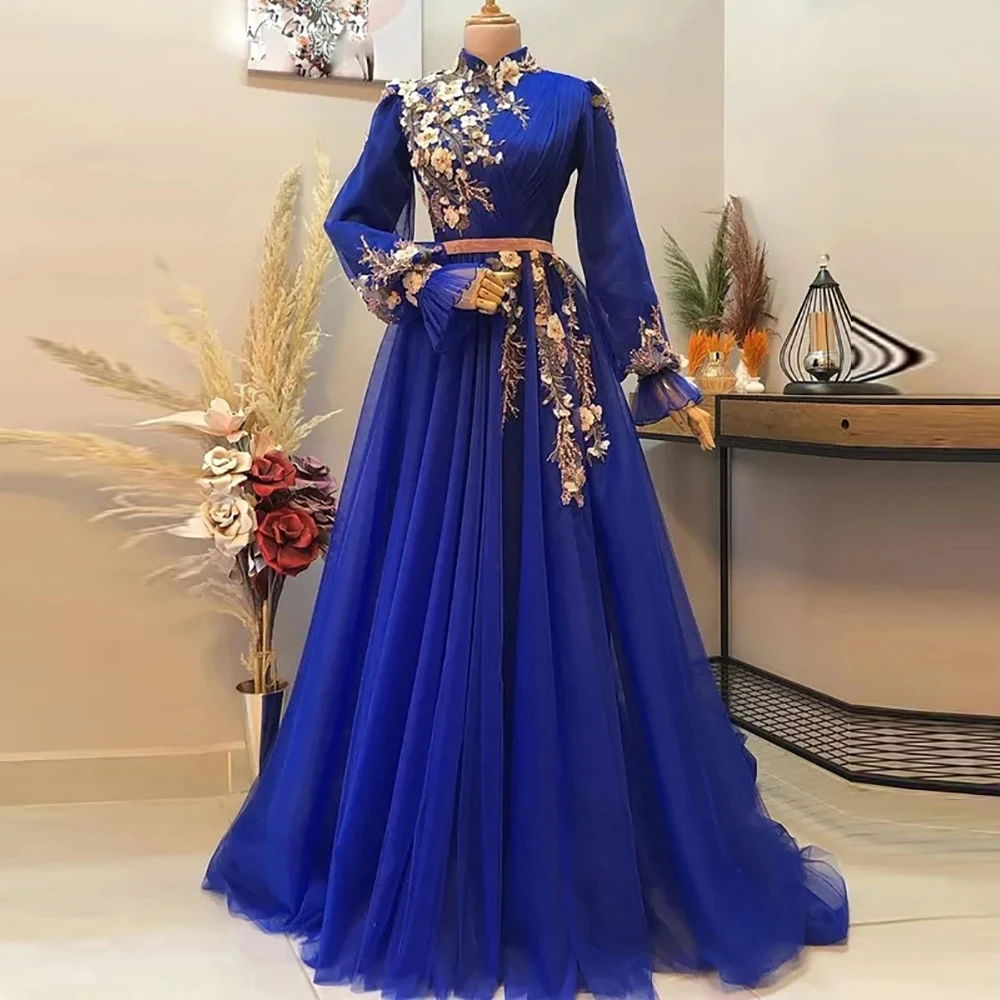 

Romantic Royal Blue Muslim Evening Dresses Applique Party Gowns A-Line Long Sleeve Chiffon Formal Prom Dress فساتين السهر