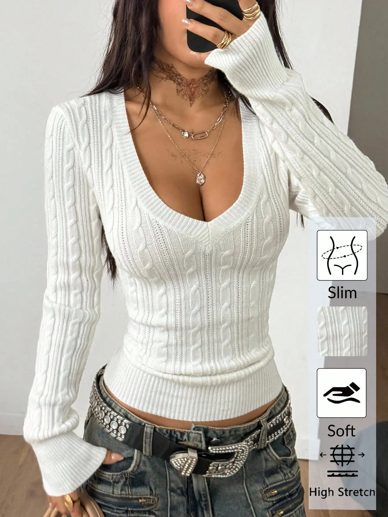 

Women's White Cable Knit V-Neck Slim Fit Sweater, Soft High Stretch Long Sleeve for Fall Winter Daily Wear