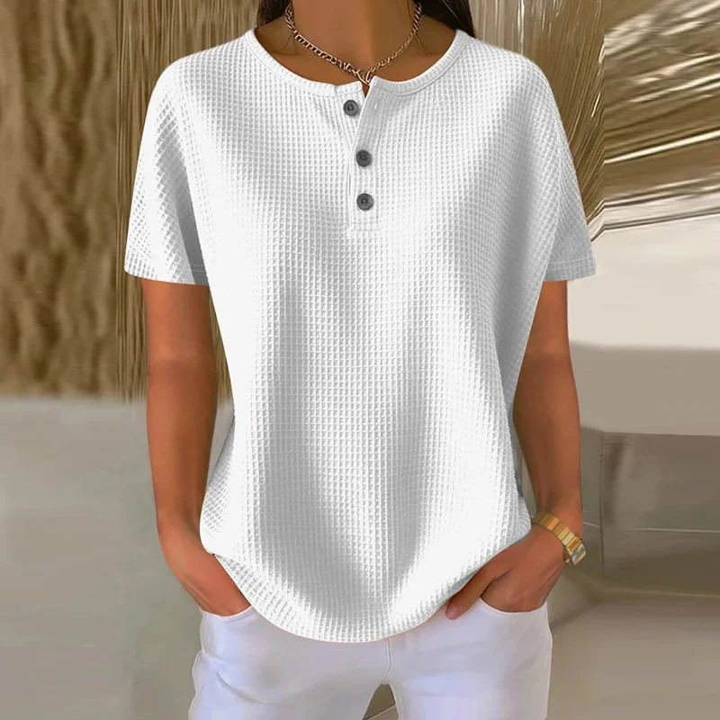 

Элегантные женские футболки с коротким рукавом размера плюс, женские летние повседневные свободные футболки с круглым вырезом для женщин, футболка на пуговицах, топы большого размера