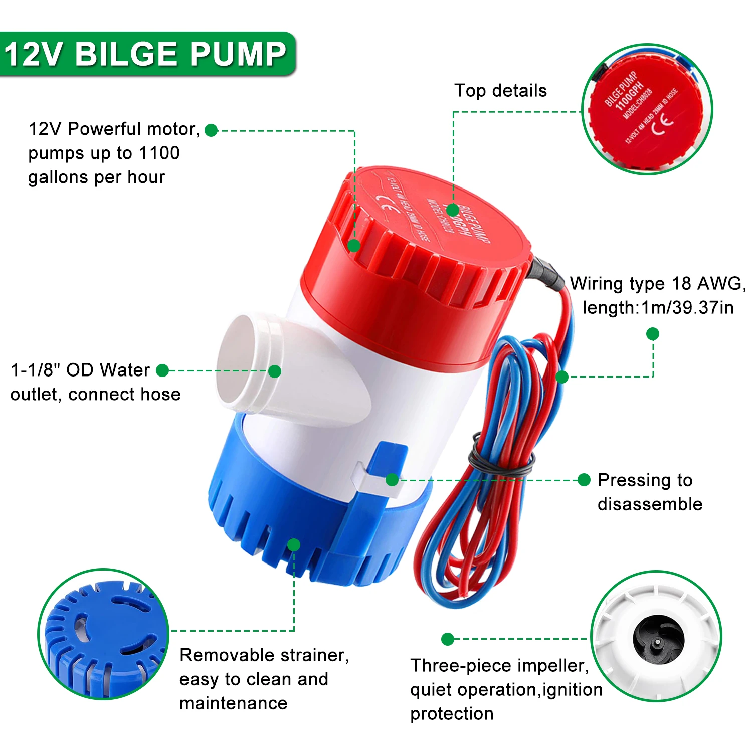 Pompa di sentina marina 1100GPH Kit idraulico pompa Dia 12V 1-1/8 pollici con tubo flessibile da 6 piedi 2 morsetti e raccordi a scafo passante per Yacht da barca