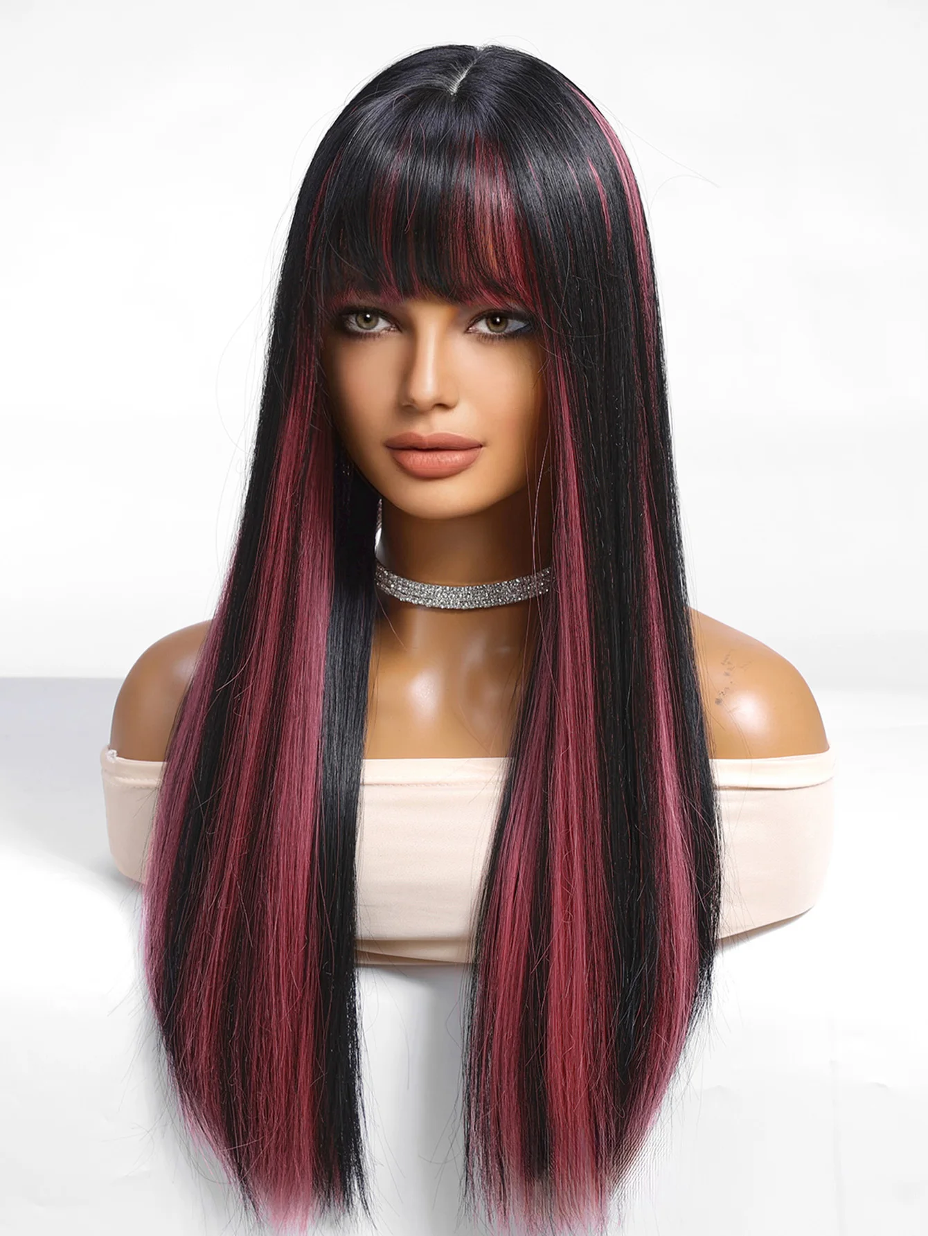 Schwarze Highlight-Rosa-Synthetik-Perücke mit Pony, lange gerade schwarze Highlight-rote Perücke für Frauen, Cosplay, Party, Weihnachten, 66 cm – Detail 3