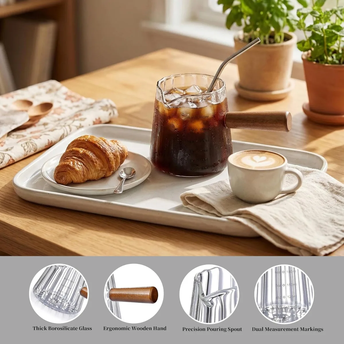 Origami Style Espresso Shot Glasses 6oz Glass Measuring Cup with V-Shaped Mouth and Wood Handle for Coffee Milk Home  Office Use